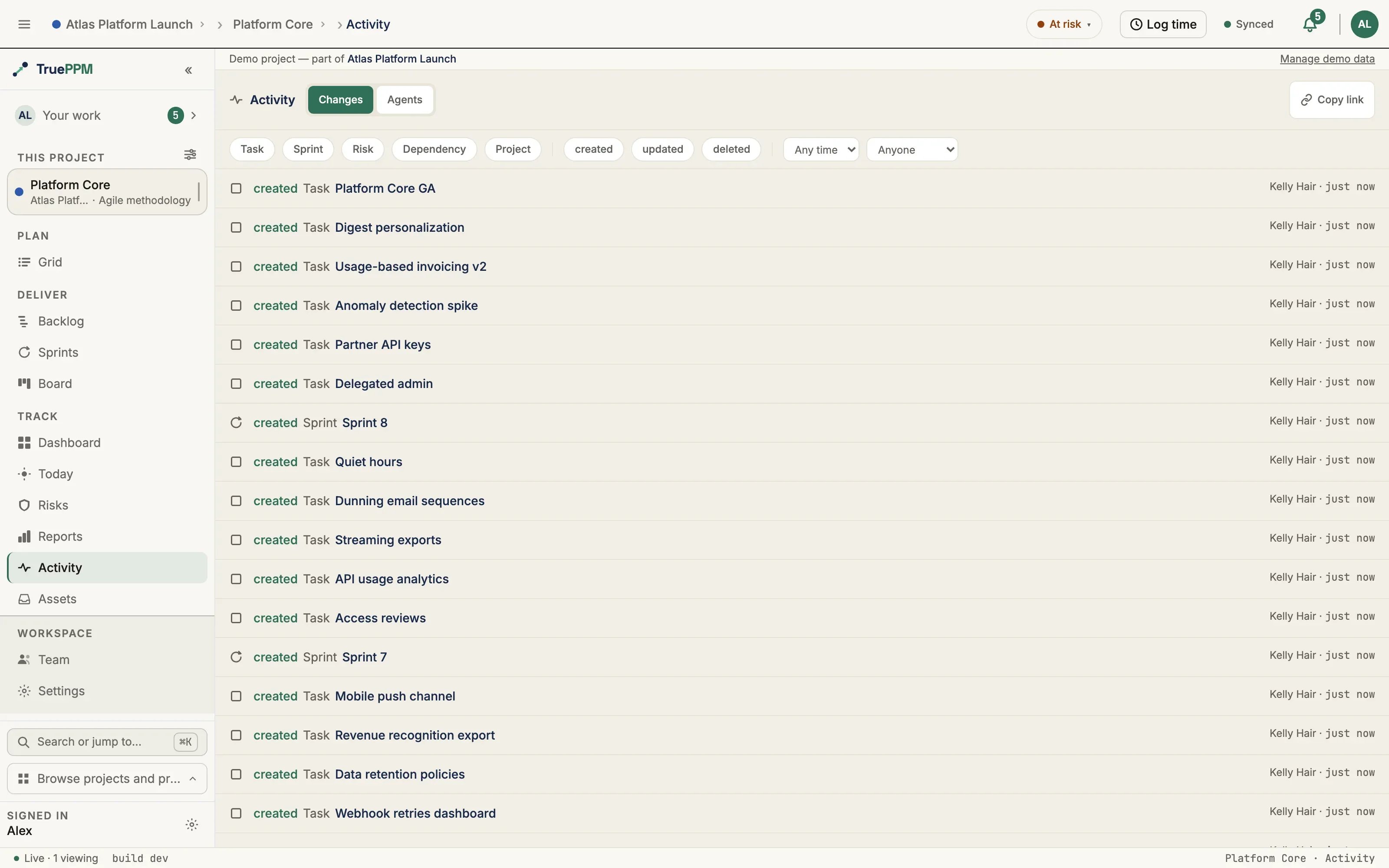 The project Activity feed filtered by entity type and action, listing created tasks and sprints with actor and time