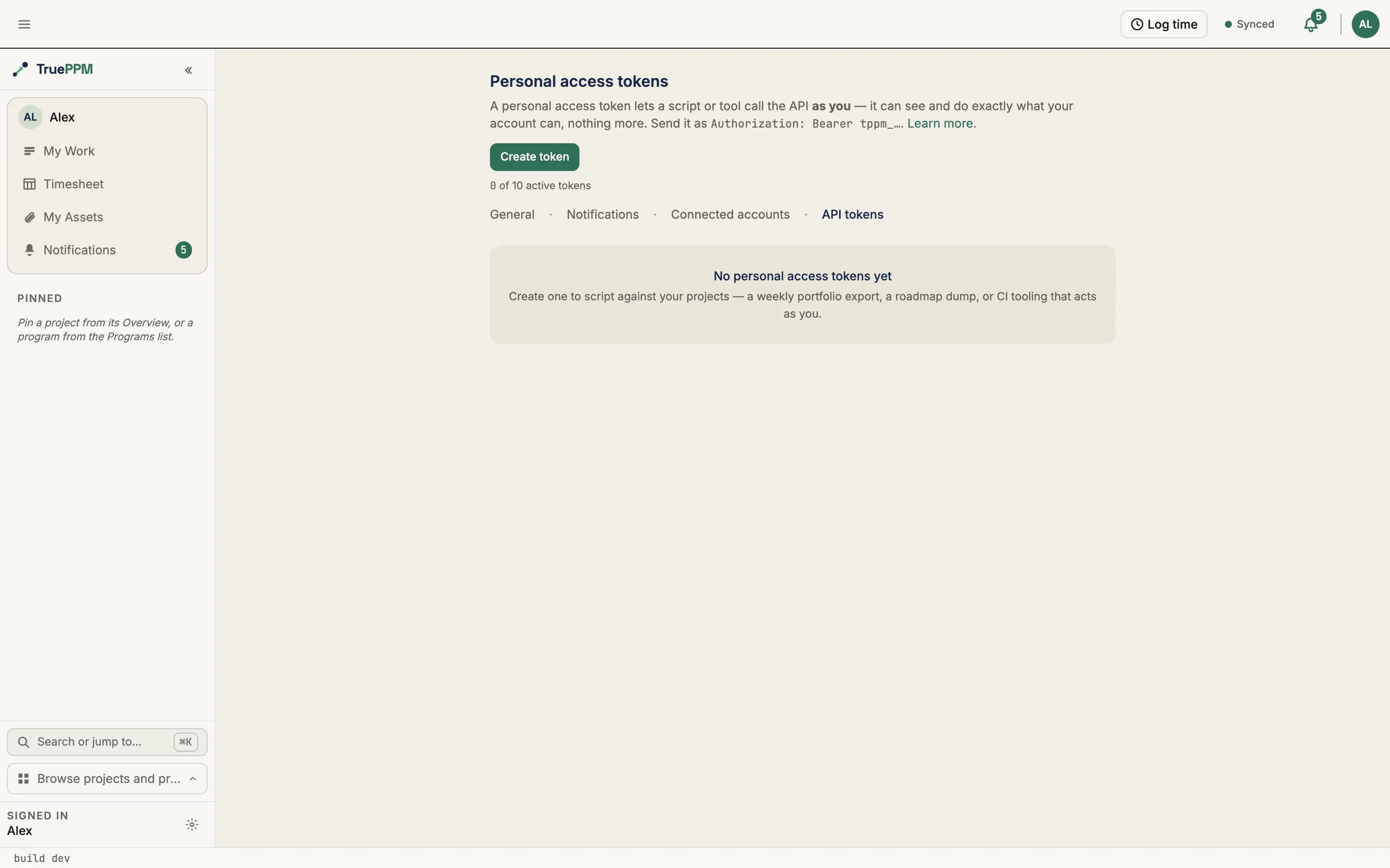 The personal access tokens page with the Create token button and the token cap