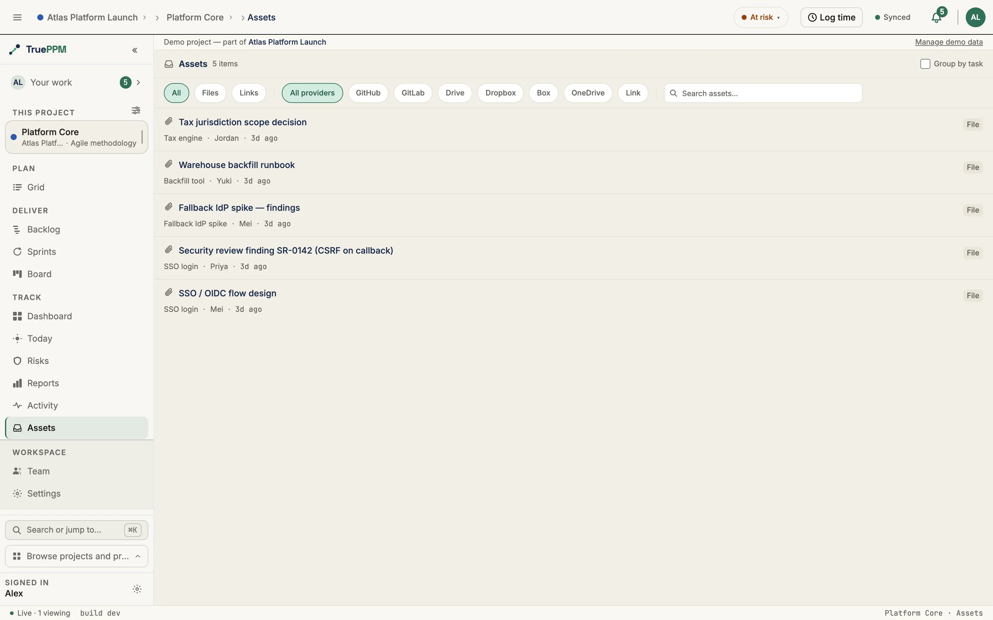 The project Assets feed listing attached files with their task, uploader, and age, filtered by provider