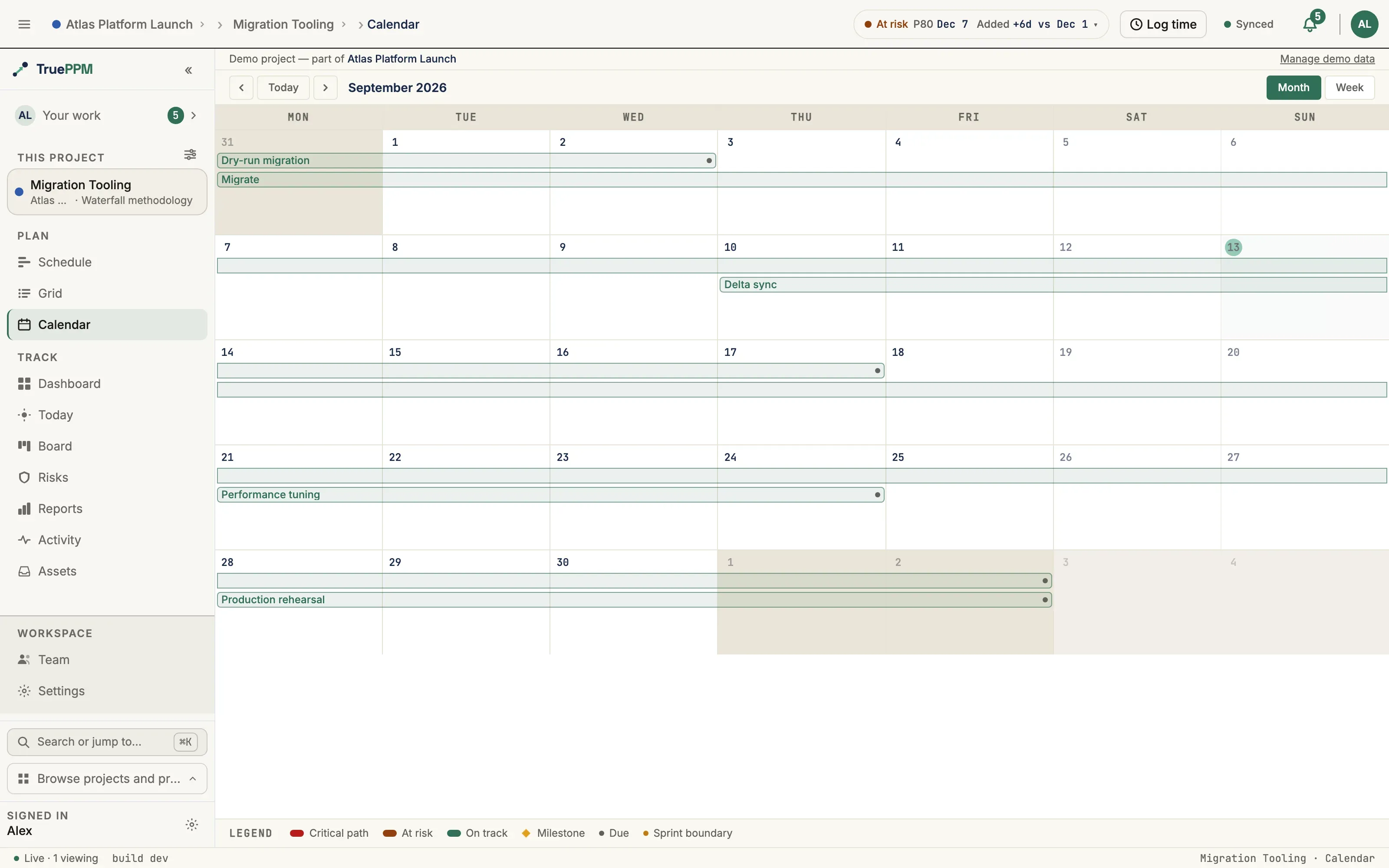 The Calendar view in Month mode showing task chips spanning days with a critical-path legend