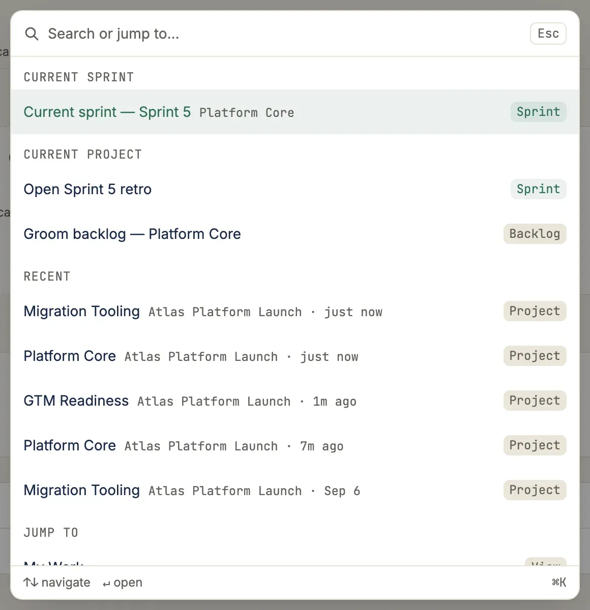 The command palette, zoomed: the search field, a Current sprint group, a Current project group, and the navigate / open / search keyboard hints along the bottom edge