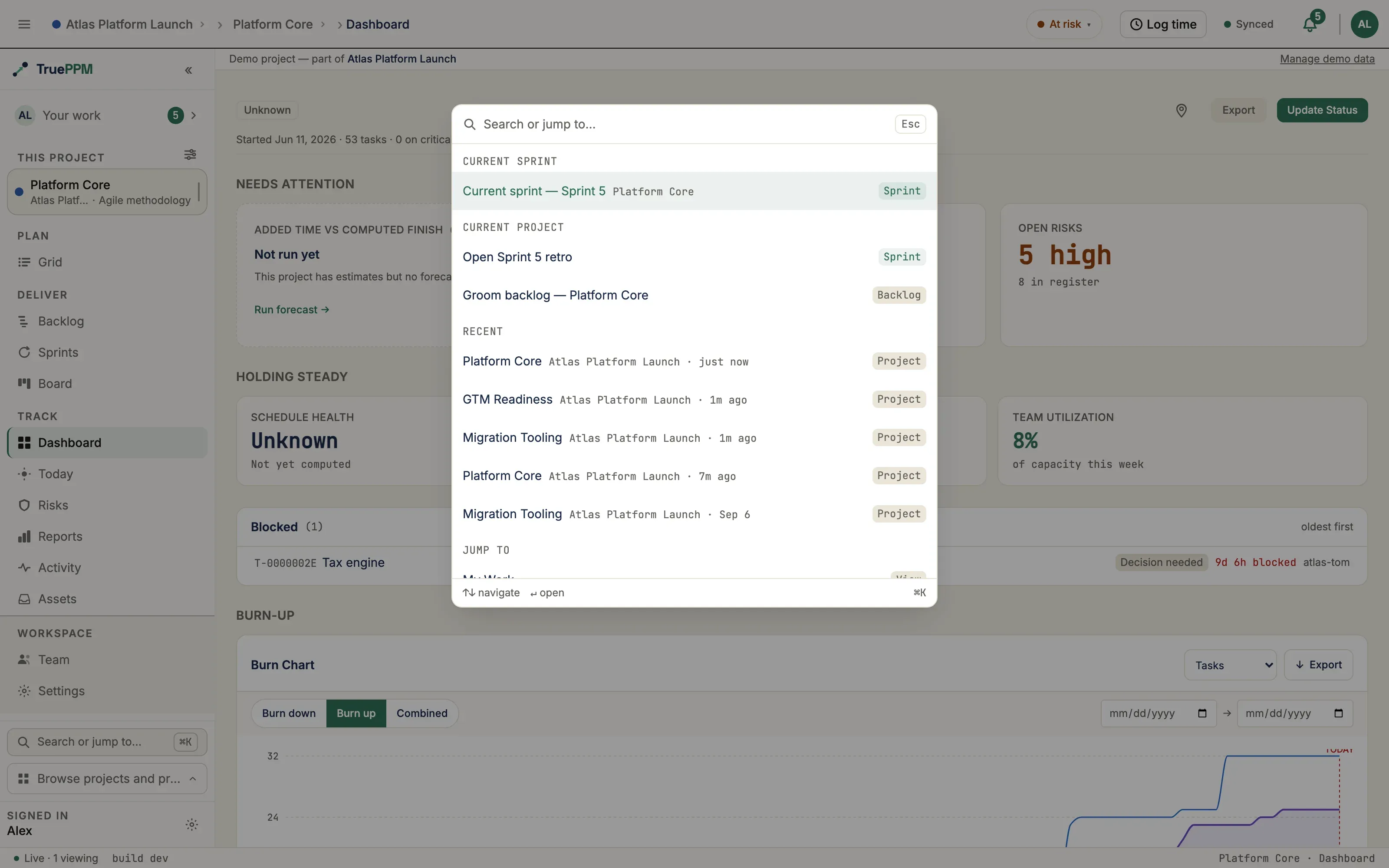 The command palette opened over the Dashboard: current sprint, current project actions, recent projects, and jump-to views