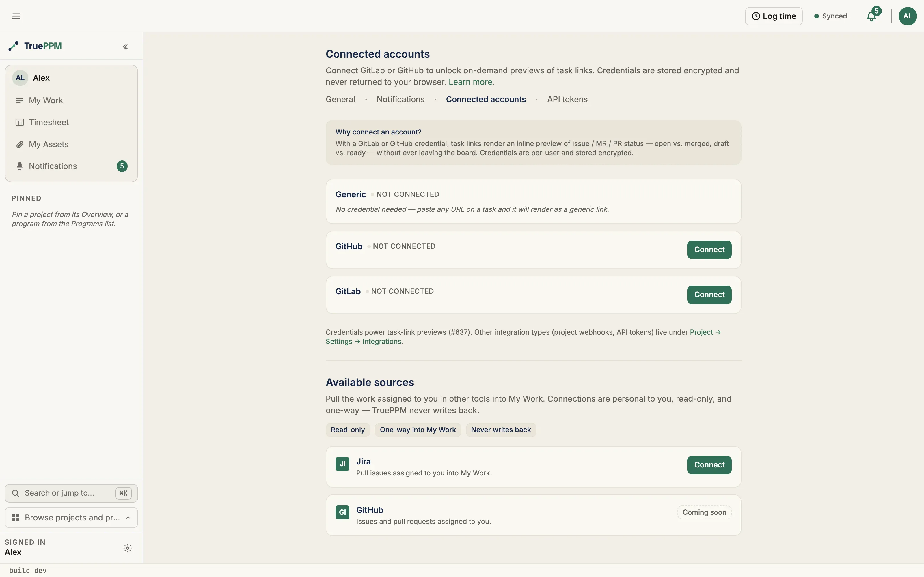 The Connected accounts page: GitHub and GitLab credentials for task-link previews, and the read-only Jira source for My Work
