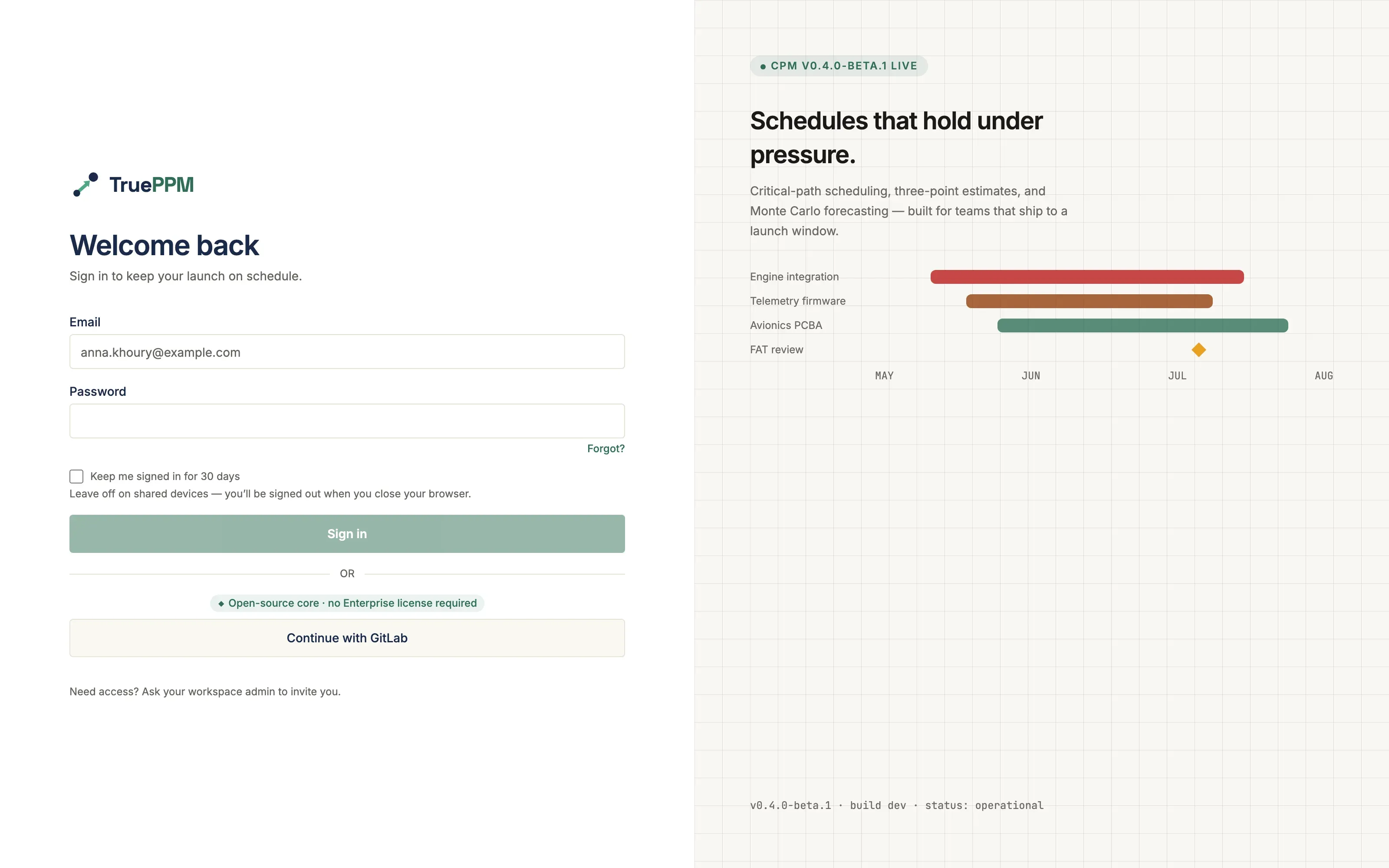 The TruePPM sign-in page: email and password on the left, a schedule illustration on the right