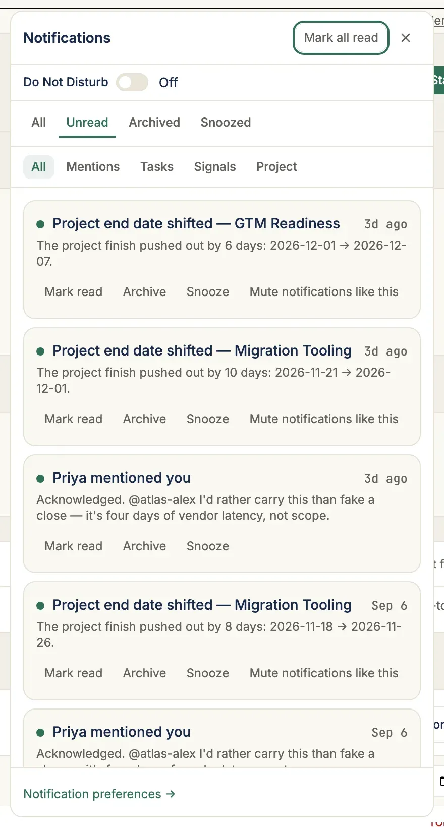 The desktop notification slide-out panel: Do Not Disturb toggle, the read/unread/archived/snoozed tabs, a category filter, and the notification list