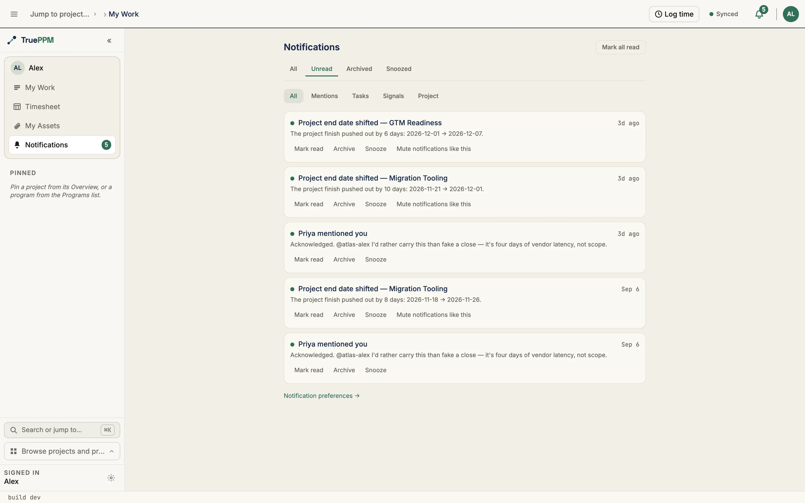 The Notifications inbox with unread items: a project end-date shift and a mention, each with mark read, archive and snooze actions