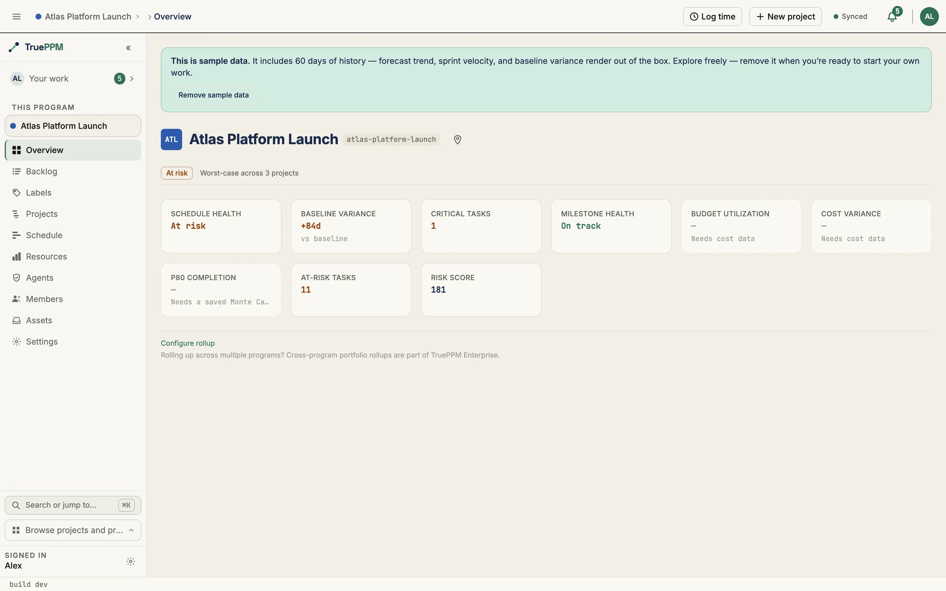 The Atlas Platform Launch program overview: schedule health, baseline variance, critical tasks, milestone health, and risk score tiles