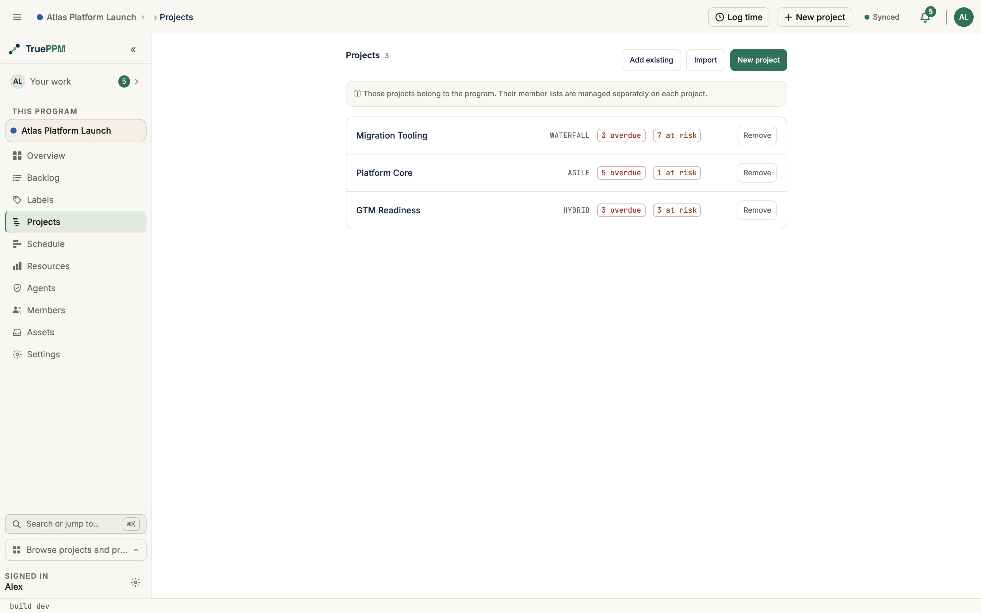 The program's Projects tab listing Migration Tooling, Platform Core, and GTM Readiness with overdue and at-risk counts