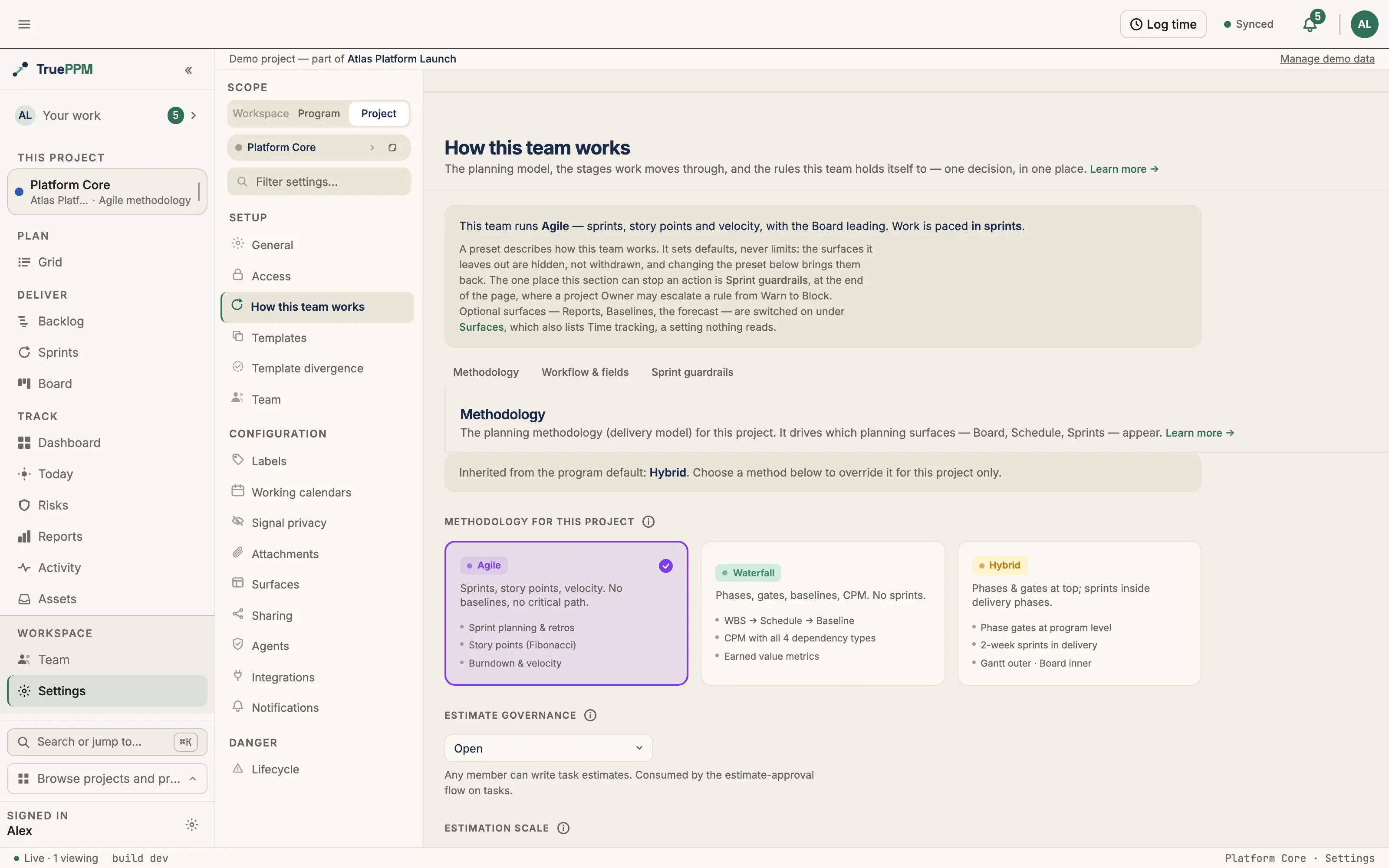 Project settings, How this team works: the methodology cards for Agile, Waterfall and Hybrid with the inherited program default
