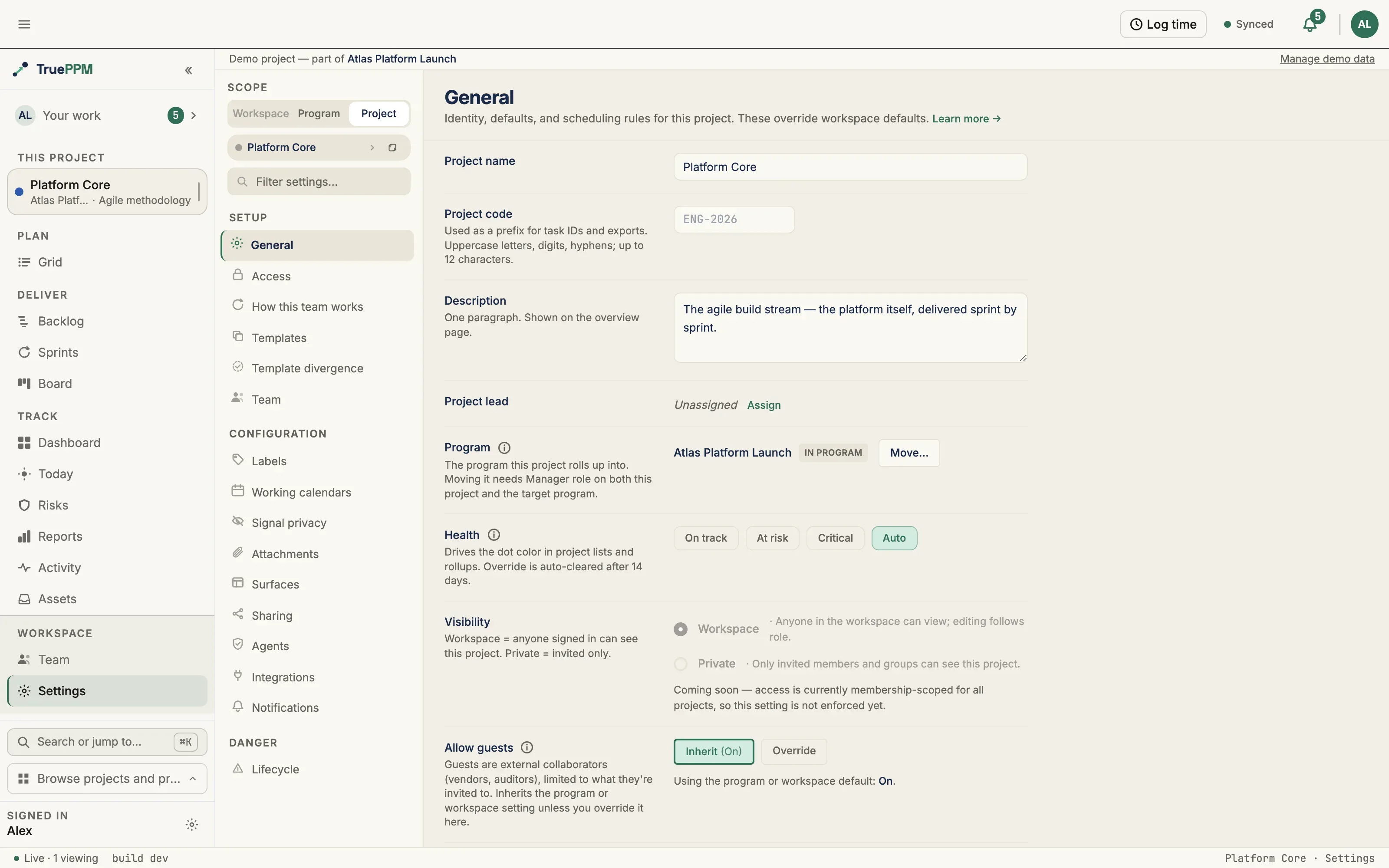 Project settings, General: project name, code, description, lead, program, health override, visibility and guest access