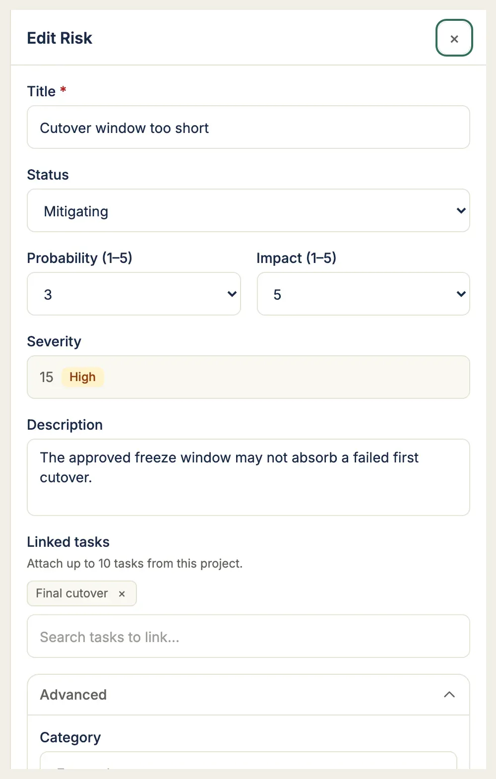 The risk editor: title, status, probability and impact selects, the derived severity chip, description, and the linked-tasks picker