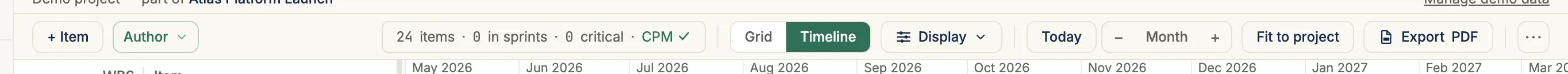 The Schedule view toolbar: item and milestone insert controls, the Author mode chip, display and zoom controls, Today, Fit to project, and Export PDF