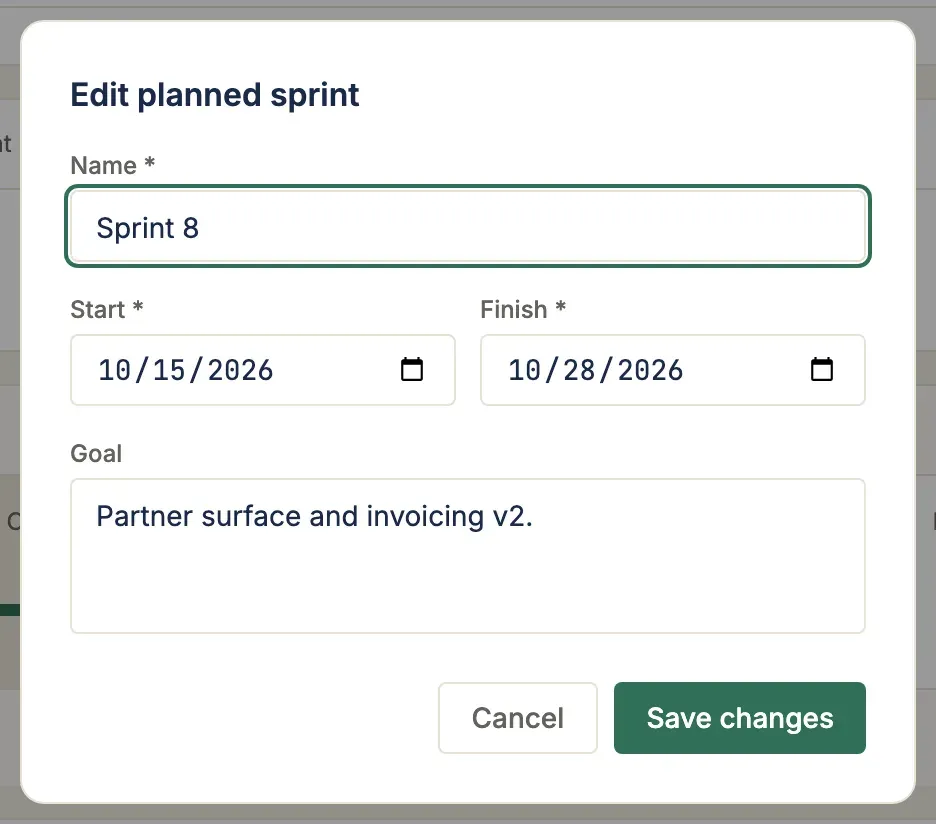 The Plan Sprint dialog: Name, Start and Finish date fields, an optional Goal textarea, and Cancel / Save changes buttons