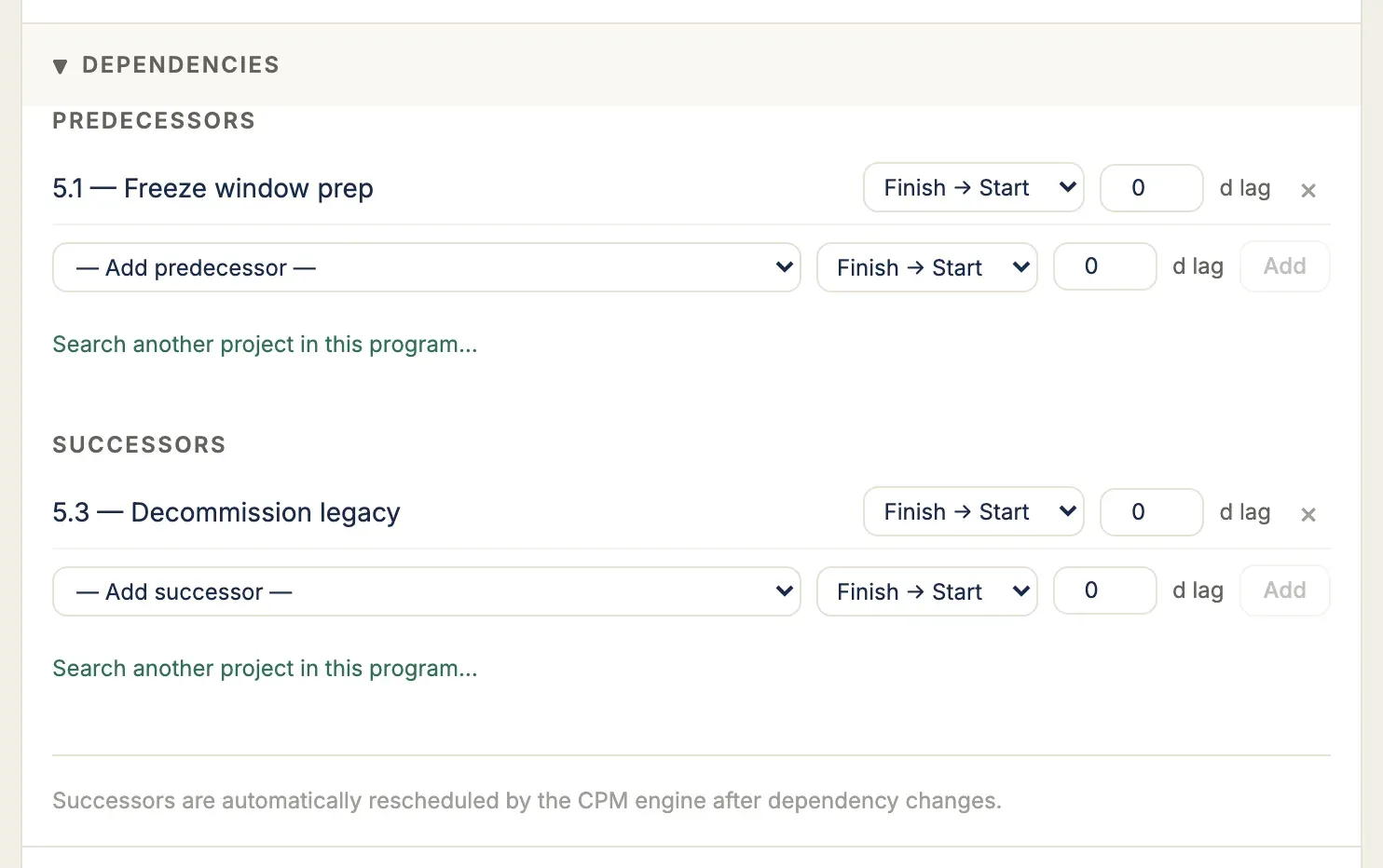 The Dependencies section of a task's detail page, expanded: predecessor and successor lists each with an inline type and lag field, and the cross-project search link below each