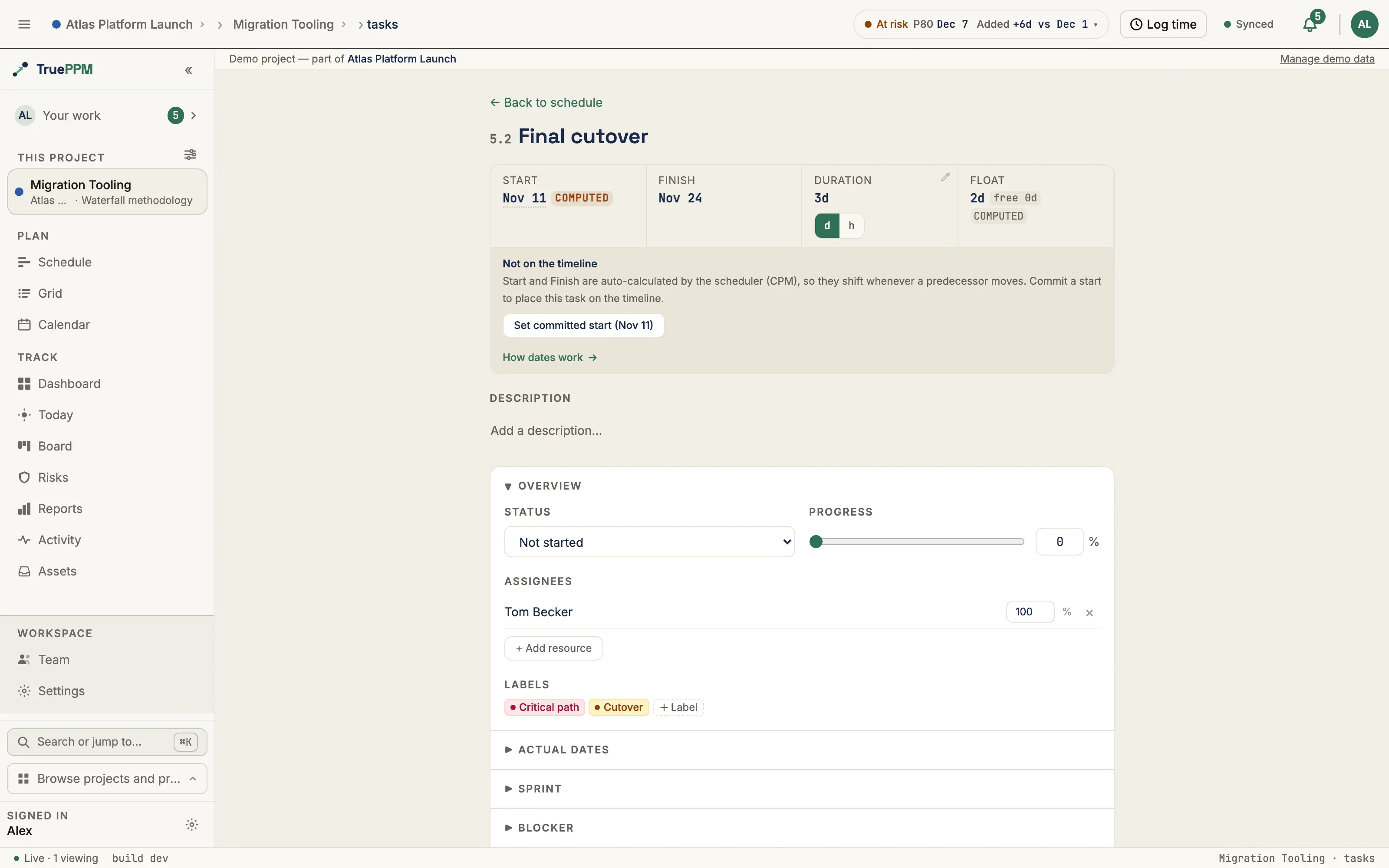 A task detail page for a critical-path task: start, finish, duration and float, with status, progress, assignees and labels